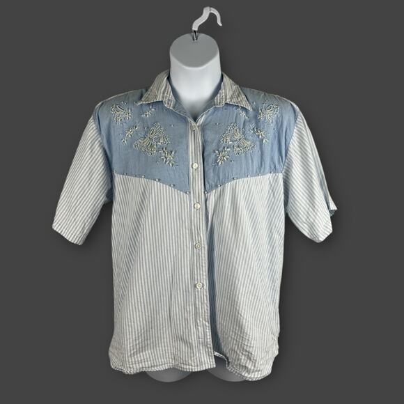 Premier International Blue Striped Denim Faux Pearl Butterfly Embroidered Top 2X - Picture 1 of 8